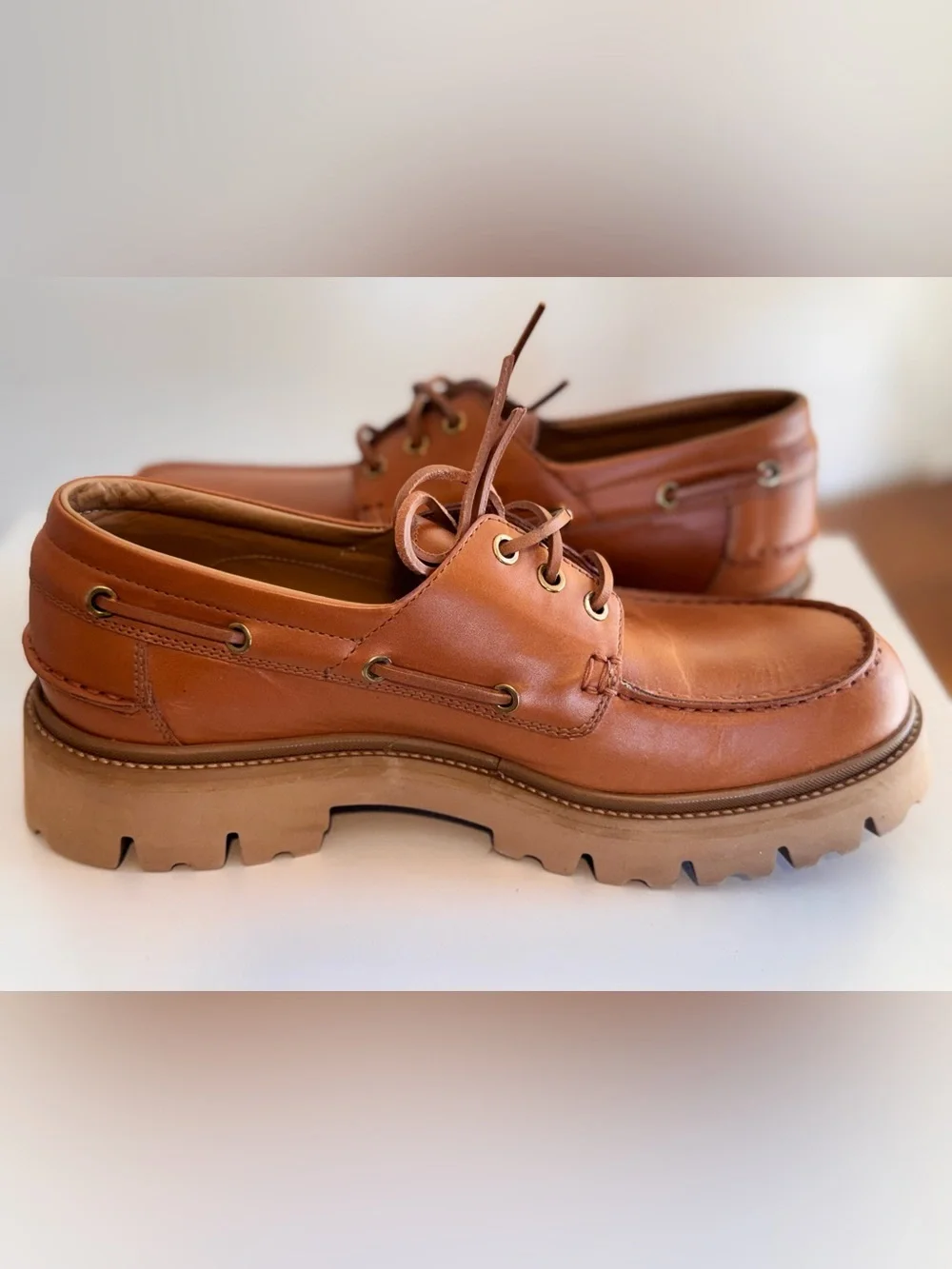 Emporio Armani Lug Sole Leather Boat Shoes Biscotto Tan Men's US 9 / UK 8 NIB